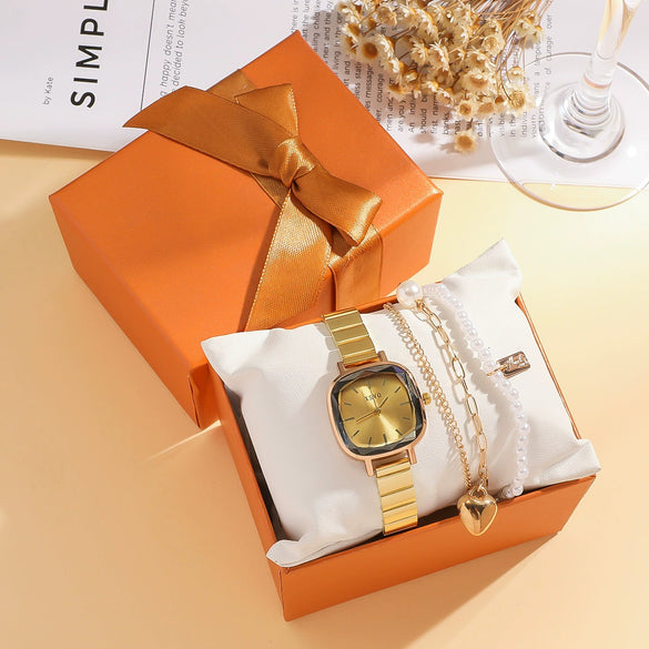 Women's Retro Pearl Bracelet Watch Set With Alloy Case And Square Dial