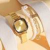 Women's Retro Pearl Bracelet Watch Set With Alloy Case And Square Dial
