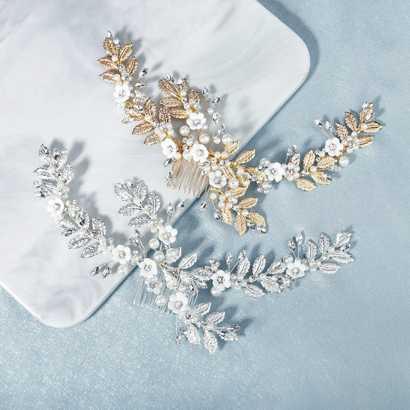 Women's Retro Pearl Crystal Flower Hair Comb With Metal Leaf Handmade Woven Bridal Headwear