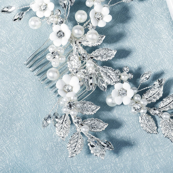 Women's Retro Pearl Crystal Flower Hair Comb With Metal Leaf Handmade Woven Bridal Headwear