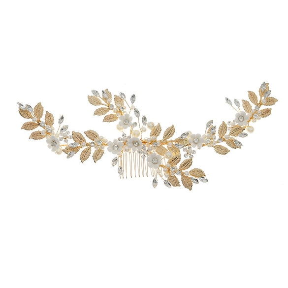 Women's Retro Pearl Crystal Flower Hair Comb With Metal Leaf Handmade Woven Bridal Headwear