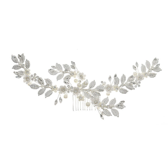 Women's Retro Pearl Crystal Flower Hair Comb With Metal Leaf Handmade Woven Bridal Headwear
