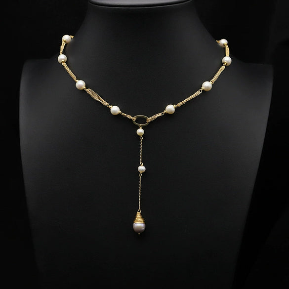 Women's Retro Pearl Necklace Long Adjustable Watermelon Bead Sweater Chain With Geometric Simple Design