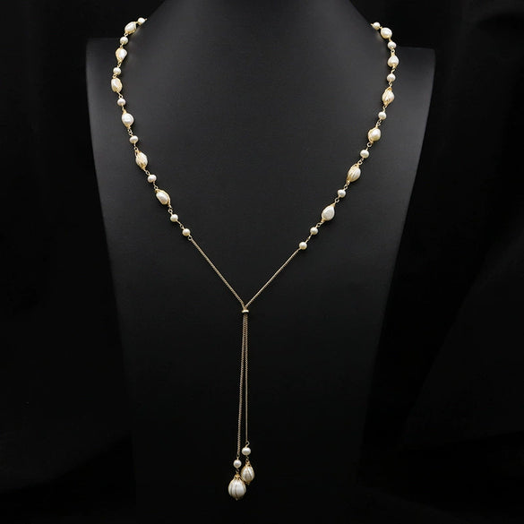 Women's Retro Pearl Necklace Long Adjustable Watermelon Bead Sweater Chain With Geometric Simple Design