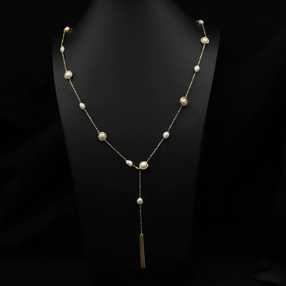 Women's Retro Pearl Necklace Long Adjustable Watermelon Bead Sweater Chain With Geometric Simple Design