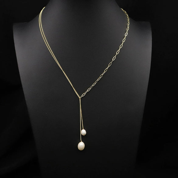 Women's Retro Pearl Necklace Long Adjustable Watermelon Bead Sweater Chain With Geometric Simple Design