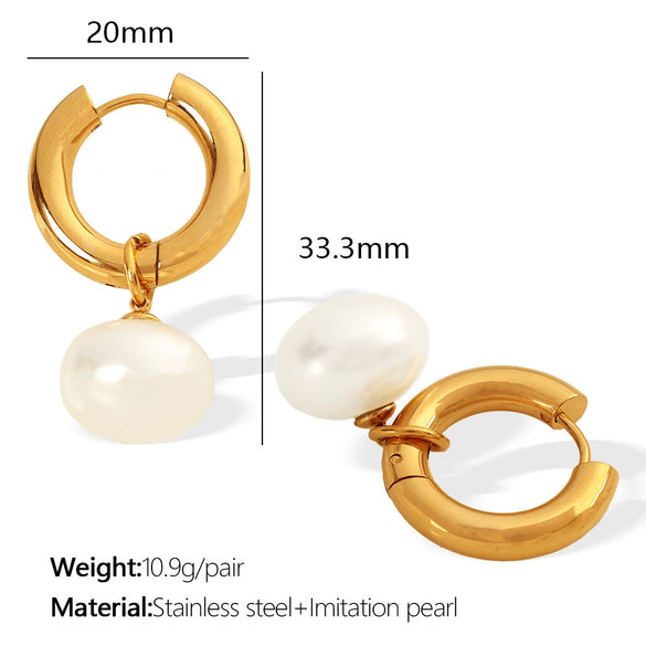 Women's Retro Pearl Pendant Earrings 316L Stainless Steel Geometric Electroplated