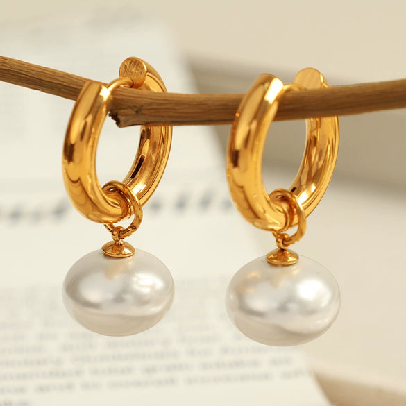 Women's Retro Pearl Pendant Earrings 316L Stainless Steel Geometric Electroplated
