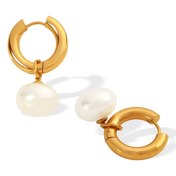 Women's Retro Pearl Pendant Earrings 316L Stainless Steel Geometric Electroplated