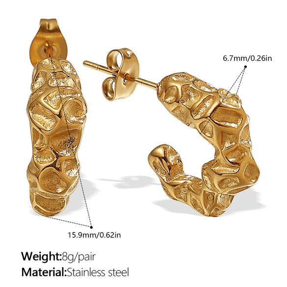 Women's Retro Pleated Cshaped 316L Stainless Steel 18K Gold Plated Earrings