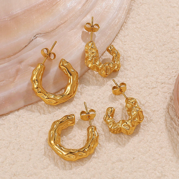 Women's Retro Pleated Cshaped 316L Stainless Steel 18K Gold Plated Earrings