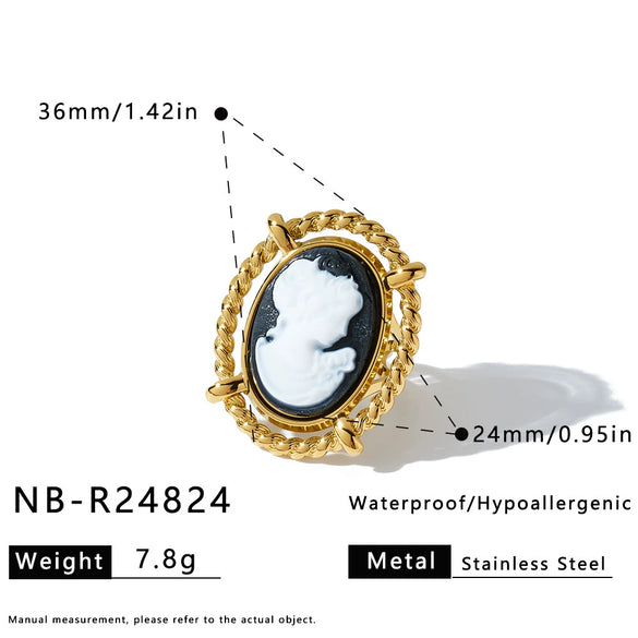Women's Retro Portrait Pattern Stainless Steel Earrings And Ring Set With Geometric Shape And Vacuum Plated Finish