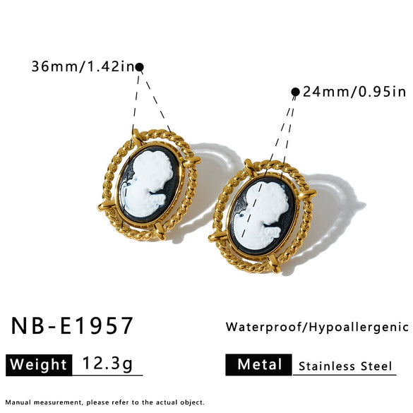 Women's Retro Portrait Pattern Stainless Steel Earrings And Ring Set With Geometric Shape And Vacuum Plated Finish
