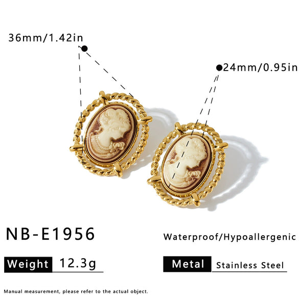 Women's Retro Portrait Pattern Stainless Steel Earrings And Ring Set With Geometric Shape And Vacuum Plated Finish