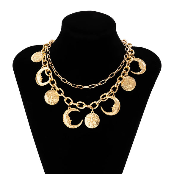 Women's Retro Relief Portrait Crescent Moon Pendant Necklace Alloy Chain Electroplating Geometric Style