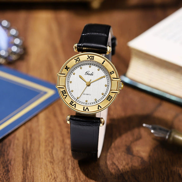 Women's Retro Roman Style Luxury Copper Alloy And Pu Watch With Round Dial