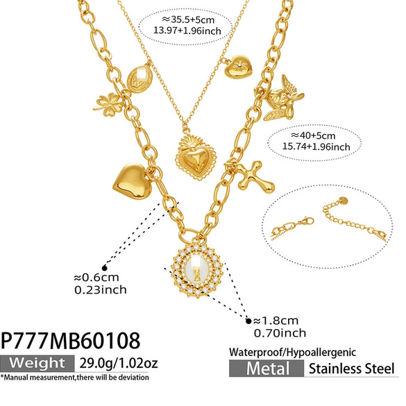 Women's Retro Round Cross Pendant Multi Layer Necklace In Stainless Steel With Gold Plated Oil Drip Geometric Design Fashion Jewelry