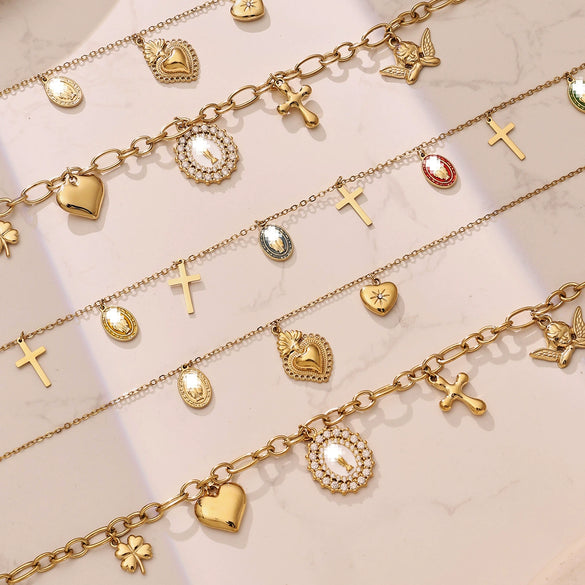 Women's Retro Round Cross Pendant Multi Layer Necklace In Stainless Steel With Gold Plated Oil Drip Geometric Design Fashion Jewelry