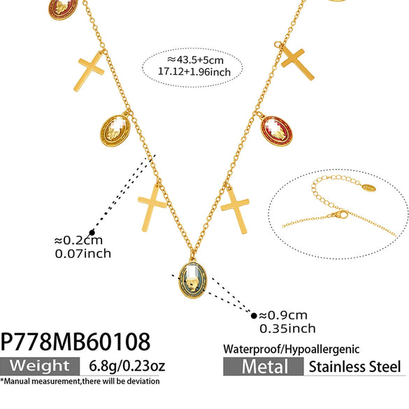 Women's Retro Round Cross Pendant Multi Layer Necklace In Stainless Steel With Gold Plated Oil Drip Geometric Design Fashion Jewelry