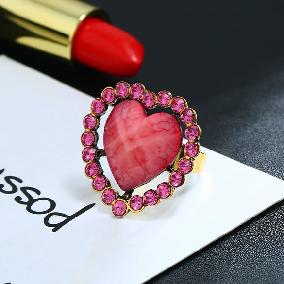 Women's Retro Round Glass Photo Box Ring Adjustable Alloy Resin Heart Pattern Electroplated Statement Ring