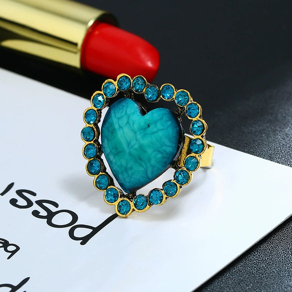 Women's Retro Round Glass Photo Box Ring Adjustable Alloy Resin Heart Pattern Electroplated Statement Ring