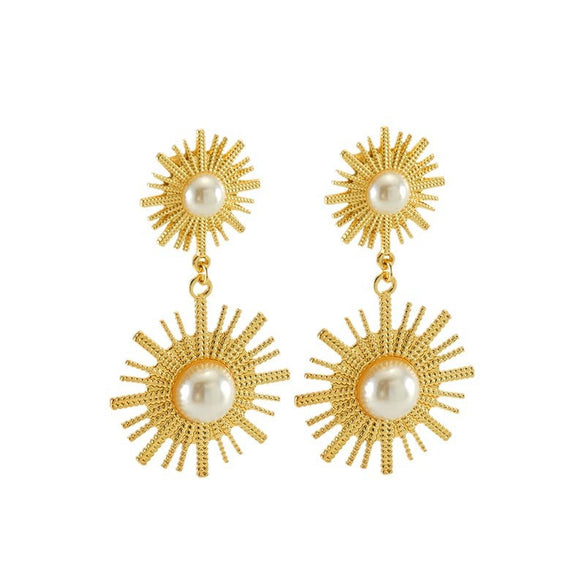 Women's Retro Round Sunflower Pearl 316L Stainless Steel 18K Goldplated Electroplated Earrings With Geometric And Floral Patterns
