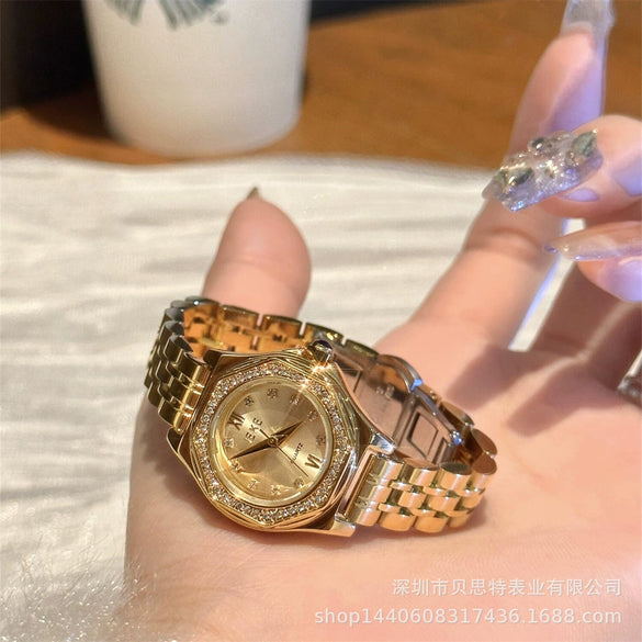 Women's Retro Simple Alloy Steel Band Quartz Watch With Gold Diamond Niche Design