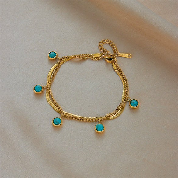 Women's Retro Simple Doublelayer Metal Stainless Steel Turquoise Pendant Bracelet With Electroplating