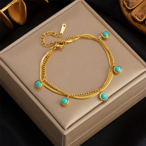 Women's Retro Simple Doublelayer Metal Stainless Steel Turquoise Pendant Bracelet With Electroplating