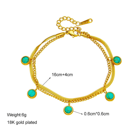 Women's Retro Simple Doublelayer Metal Stainless Steel Turquoise Pendant Bracelet With Electroplating