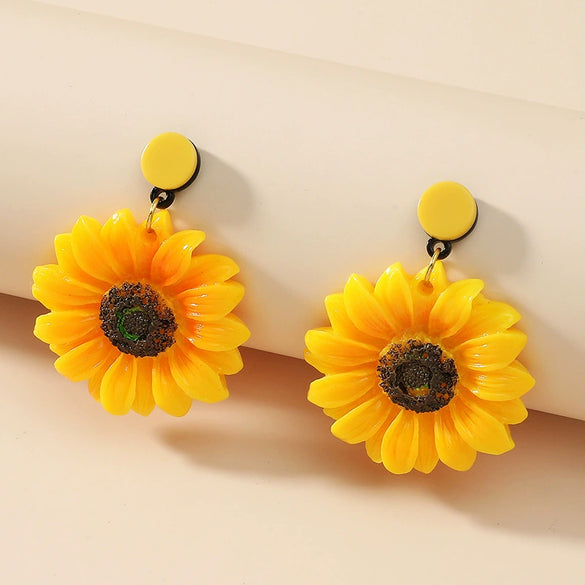 Women's Retro Simple Resin Flower Earrings Elegant Fashion Sunflower Floral Drop Earrings Versatile Lightweight Statement Jewelry