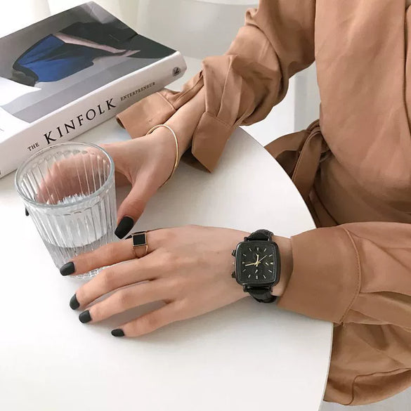 Women's Retro Simple Square Alloy Case Imitation Leather Strap Stainless Steel Clasp Watch
