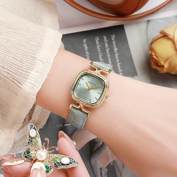 Women's Retro Square Dial Luxury Watch Alloy Case Imitation Leather Strap Stainless Steel Clasp