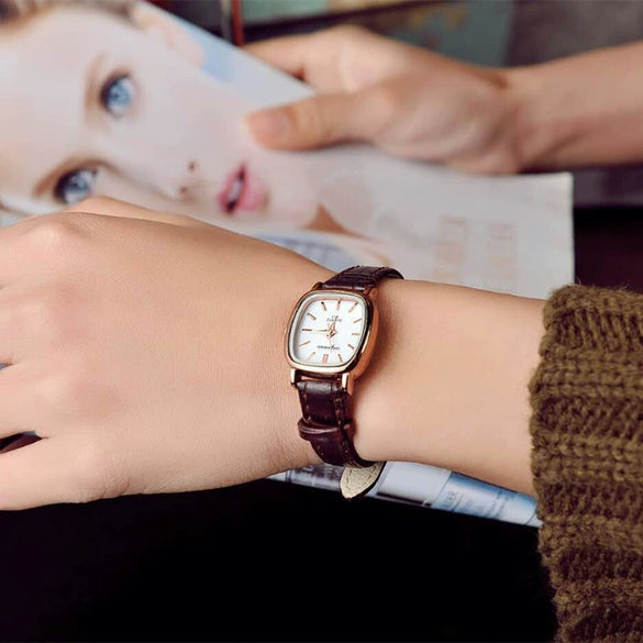 Women's Retro Square Metal Case Imitation Leather Strap Watch