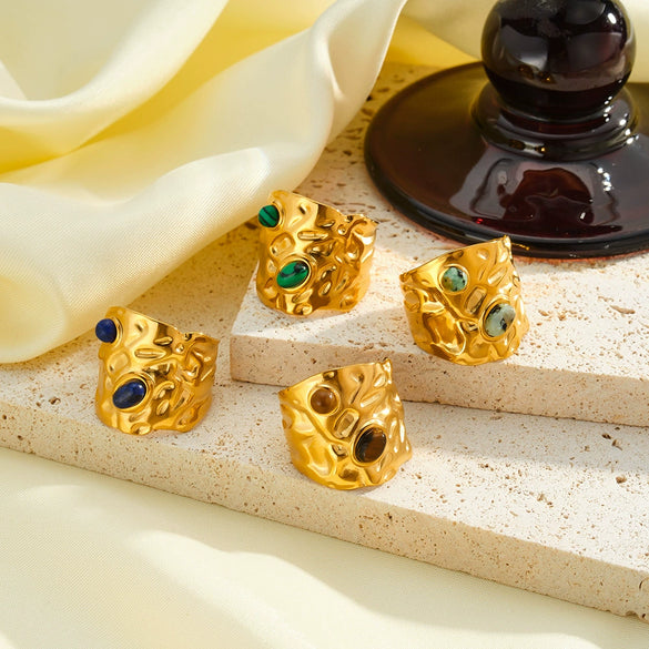 Women's Retro Stainless Steel Adjustable Open Ring With Natural Stone Geometric Design And 18K Vacuum Plated Finish