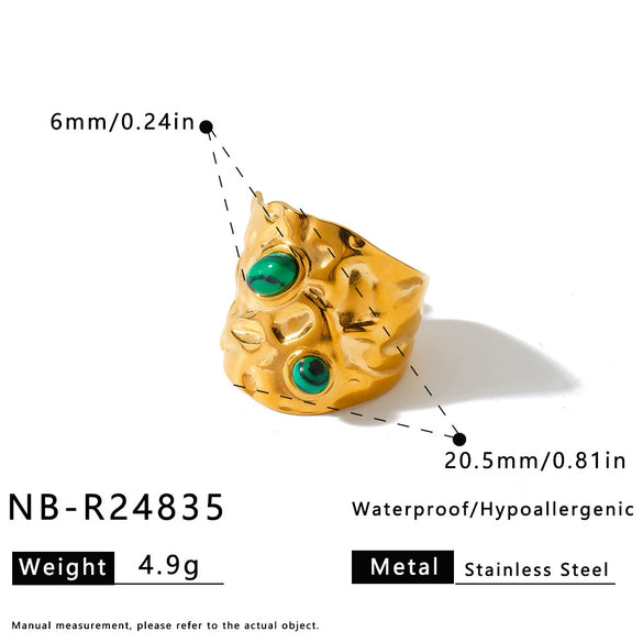 Women's Retro Stainless Steel Adjustable Open Ring With Natural Stone Geometric Design And 18K Vacuum Plated Finish