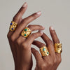 Women's Retro Stainless Steel Adjustable Open Ring With Natural Stone Geometric Design And 18K Vacuum Plated Finish