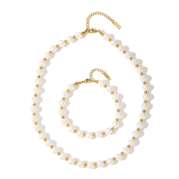 Women's Retro Stainless Steel 18K Gold Plated Pearl Ball Bracelet And Necklace Set With Geometric Design