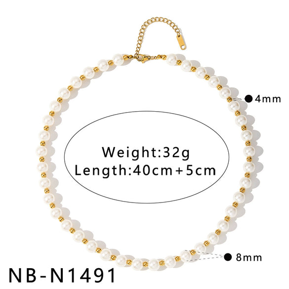 Women's Retro Stainless Steel 18K Gold Plated Pearl Ball Bracelet And Necklace Set With Geometric Design