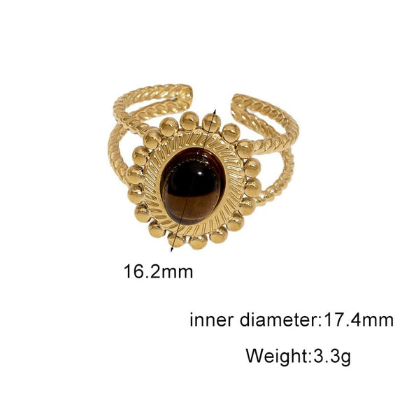 Women's Retro Stainless Steel Open Ring With Oval Tiger Eye Stone Inlay And Gold Tone Electroplated Finish