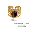 Women's Retro Stainless Steel Open Ring With Oval Tiger Eye Stone Inlay And Gold Tone Electroplated Finish