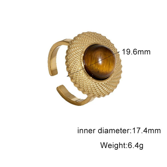 Women's Retro Stainless Steel Open Ring With Oval Tiger Eye Stone Inlay And Gold Tone Electroplated Finish