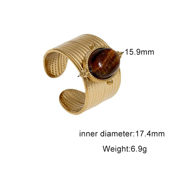 Women's Retro Stainless Steel Open Ring With Oval Tiger Eye Stone Inlay And Gold Tone Electroplated Finish