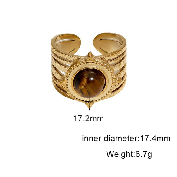 Women's Retro Stainless Steel Open Ring With Oval Tiger Eye Stone Inlay And Gold Tone Electroplated Finish