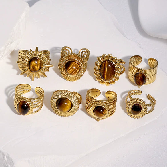 Women's Retro Stainless Steel Open Ring With Oval Tiger Eye Stone Inlay And Gold Tone Electroplated Finish