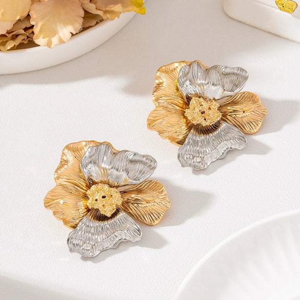 Women's Retro Statement Flower Earrings Gold And Silver Color Blocked Zinc Alloy With Threedimensional Relief Petals And Electroplated Finish