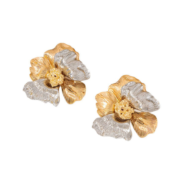 Women's Retro Statement Flower Earrings Gold And Silver Color Blocked Zinc Alloy With Threedimensional Relief Petals And Electroplated Finish