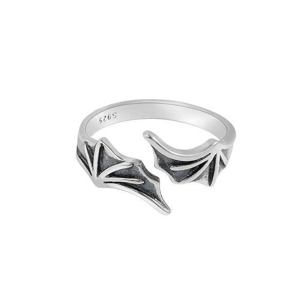 Women's Retro Sterling Silver Wing Ring Adjustable Open Band With Electroplated Bat Wing Design