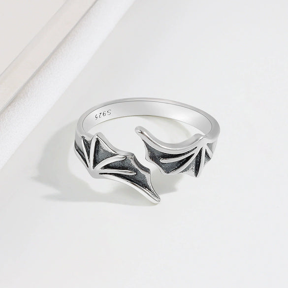 Women's Retro Sterling Silver Wing Ring Adjustable Open Band With Electroplated Bat Wing Design