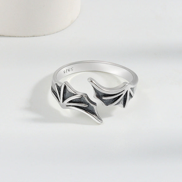 Women's Retro Sterling Silver Wing Ring Adjustable Open Band With Electroplated Bat Wing Design
